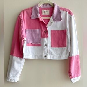 Robin Cropped Pink/White/Purple Patchwork Denim Jacket, Size EUR 40